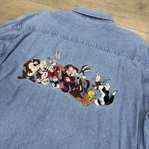 VTG Warner Bros Looney Denim Button Up Shirt Faded Distressed Sz XL